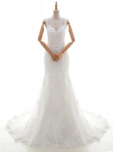 Luxurious Lace With Train Column/Sheath Sleeveless White Wedding Dresses Brush Train Criss Cross