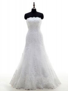 Fantastic White Clasp Handle Strapless Lace Wedding Dress Lace Sleeveless