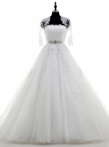 Sleeveless With Train Beading and Lace and Appliques Lace Up Bridal Gown with White Brush Train