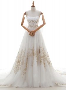 Classical White Column/Sheath Appliques and Bowknot Wedding Dresses Lace Up Tulle Sleeveless With Train