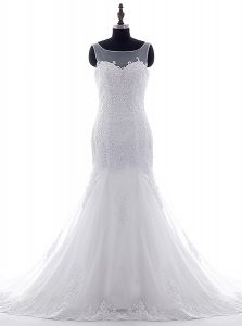 Attractive Brush Train Mermaid Bridal Gown White Scoop Tulle Sleeveless With Train Lace Up