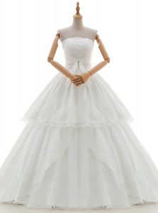 Sumptuous Ruffled Strapless Sleeveless Lace Up Wedding Gown White Organza and Tulle