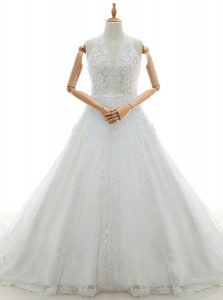 White Lace Lace Up V-neck Sleeveless With Train Wedding Dress Watteau Train Lace and Appliques