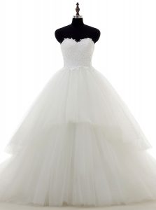 Chic White Sweetheart Zipper Lace and Appliques Wedding Gown Sweep Train Sleeveless