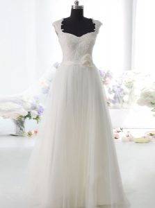 Free and Easy Sleeveless Side Zipper Floor Length Lace and Hand Made Flower Wedding Gown