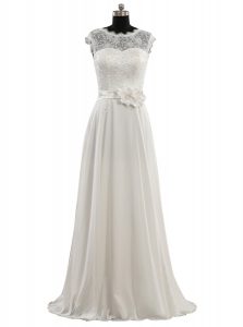 Scoop White Cap Sleeves Floor Length Lace and Hand Made Flower Clasp Handle Wedding Gowns