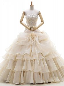 Adorable Champagne Ball Gowns Strapless Sleeveless Organza Floor Length Lace Up Appliques and Ruffled Layers and Pick Up