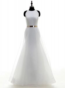 Scoop White Sleeveless Ruching and Belt Floor Length Wedding Gowns
