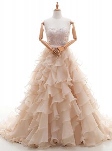 Hot Selling Peach Sleeveless Brush Train Lace and Ruffled Layers With Train Wedding Dresses