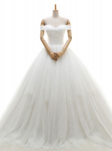 Extravagant Off the Shoulder Sleeveless With Train Ruching Lace Up Wedding Dress with White Chapel Train