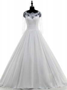 White Zipper Scalloped Lace Bridal Gown Chiffon 3 4 Length Sleeve Brush Train