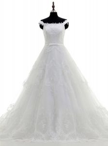 Trendy Sleeveless Tulle With Train Sweep Train Zipper Wedding Dress in White with Beading and Lace and Hand Made Flower