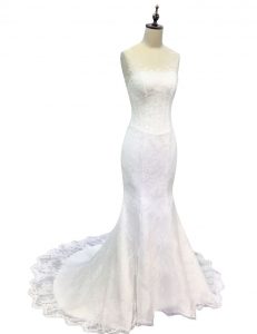 Customized Mermaid Scoop White Sleeveless Sweep Train Lace and Appliques With Train Wedding Gowns