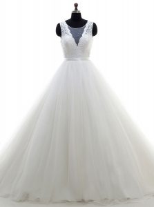 White A-line Tulle Scoop Sleeveless Lace With Train Clasp Handle Bridal Gown Brush Train