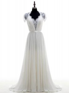 Fantastic White Short Sleeves Chiffon Brush Train Clasp Handle Wedding Dresses for Wedding Party