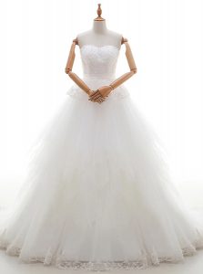 White Zipper High-neck Lace Bridal Gown Tulle Sleeveless Court Train