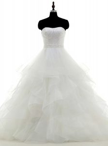 Beading and Ruffles Wedding Dress White Clasp Handle Sleeveless Floor Length