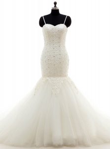 Glamorous Mermaid Spaghetti Straps Sleeveless Wedding Gown With Brush Train Beading and Lace White Tulle