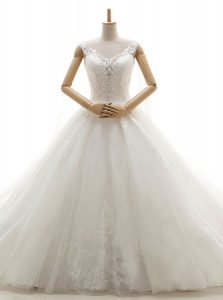 New Arrival White A-line Lace Wedding Dress Lace Up Tulle Sleeveless With Train