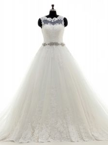 Scalloped Sleeveless Brush Train Beading and Lace and Appliques Clasp Handle Wedding Gowns