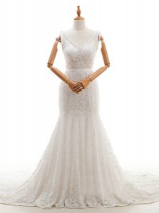 Comfortable Mermaid Sleeveless Chapel Train Backless With Train Lace Wedding Gowns