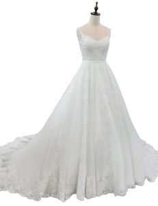 With Train A-line Sleeveless White Wedding Gowns Chapel Train Zipper