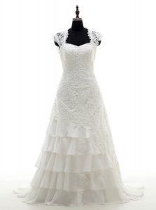 Beautiful Ruffled Brush Train Column/Sheath Bridal Gown White Sweetheart Lace Cap Sleeves With Train Lace Up