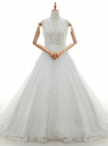 Flirting Lace Sleeveless Brush Train Zipper With Train Appliques Wedding Gowns