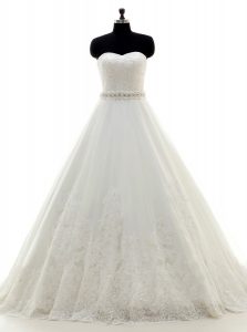White A-line Sweetheart Sleeveless Lace With Brush Train Lace Up Beading and Lace Wedding Gowns