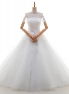 With Train White Wedding Dresses Tulle Court Train Cap Sleeves Lace and Bowknot