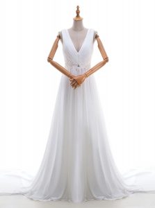 V-neck Sleeveless Bridal Gown With Brush Train Appliques White Chiffon