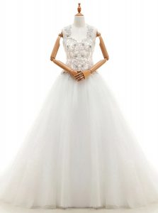 White V-neck Lace Up Beading and Lace Wedding Dress Brush Train Sleeveless