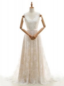 Champagne Zipper Wedding Gowns Lace Sleeveless With Train Chapel Train
