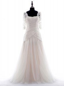 Fantastic White Zipper Wedding Dress Lace Half Sleeves With Brush Train