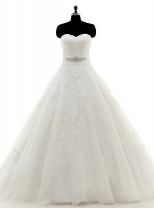 Tulle Sweetheart Sleeveless Brush Train Clasp Handle Beading and Lace and Appliques Wedding Gowns in White