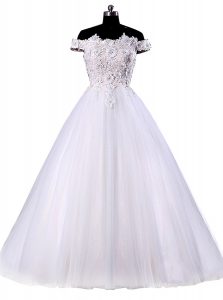 High Class Off the Shoulder Sleeveless Appliques Lace Up Wedding Gown