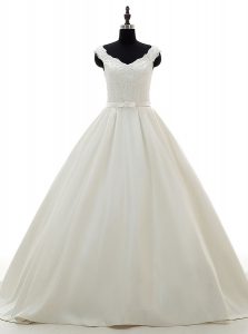 Fabulous Brush Train A-line Wedding Dresses White V-neck Satin Sleeveless Zipper