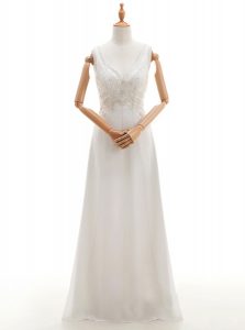 White V-neck Backless Beading Wedding Gown Sleeveless