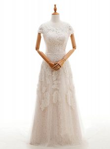 Charming Scoop Appliques Wedding Gowns Champagne Clasp Handle Cap Sleeves With Train Court Train