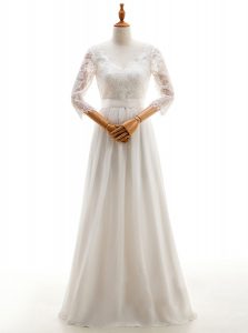 Stunning Floor Length Empire 3 4 Length Sleeve White Wedding Dress Lace Up