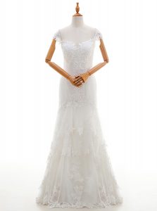 White Cap Sleeves Lace and Appliques Floor Length Wedding Dress