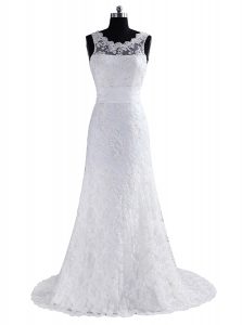 Scoop Lace and Appliques and Bowknot Wedding Dresses White Backless Sleeveless With Brush Train