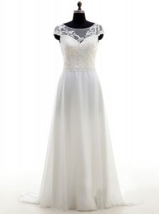 Scoop White Sleeveless Chiffon Brush Train Backless Wedding Gown for Wedding Party