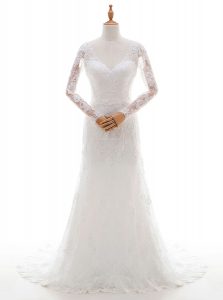 White Long Sleeves Brush Train Lace and Appliques With Train Bridal Gown