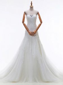 Best White Sleeveless With Train Beading and Lace and Appliques Lace Up Wedding Dresses