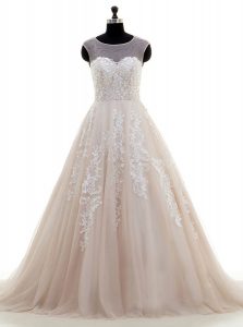 Stylish Peach Tulle Zipper Scoop Cap Sleeves With Train Wedding Gowns Brush Train Lace and Appliques
