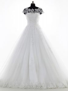 Scoop Short Sleeves Tulle and Lace Wedding Dress Lace and Appliques Brush Train Clasp Handle