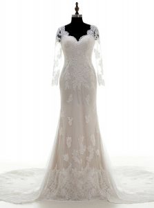 Fantastic V-neck 3 4 Length Sleeve Lace Wedding Gown Lace and Appliques Court Train Clasp Handle
