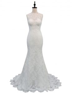 Delicate Mermaid White Backless Wedding Dresses Lace Sleeveless With Brush Train