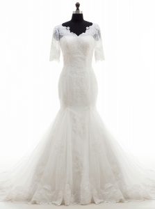 Vintage Mermaid V-neck Half Sleeves Wedding Dress With Train Court Train Lace and Appliques White Tulle